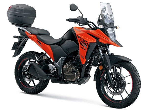 Suzuki V-Strom 250SX 2023 front with top case and wheel stickers accessories