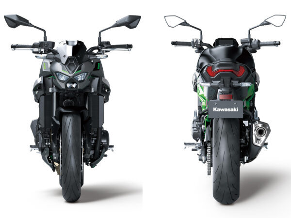 Kawasaki Z900 2025 Metallic Moondust Gray Metallic Spark Black Candy Lime Green front and rear