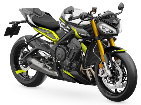 Triumph Street Triple Moto2 2026 Mineral Gray Crystal White Performance Yellow front